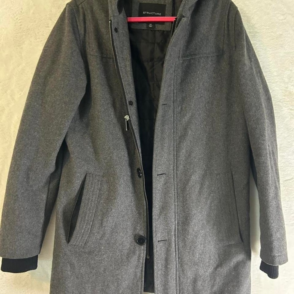 Structure Mens Charcoal Gray Wool Blend Hooded Parka Coat‎ Jacket Small